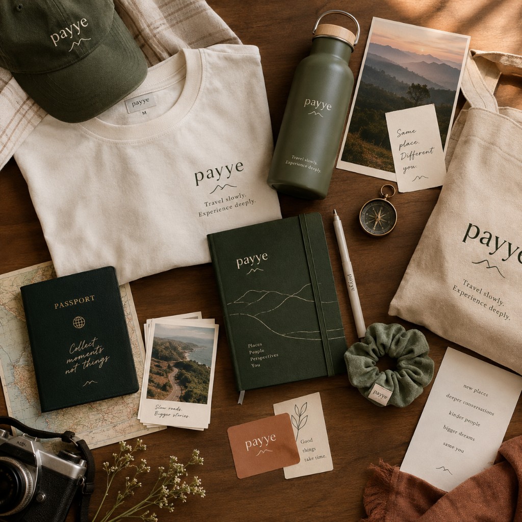 Payye brand moodboard: forest-green and cream objects — journal, tote, water bottle, passport, and quiet travel keepsakes arranged on warm wood